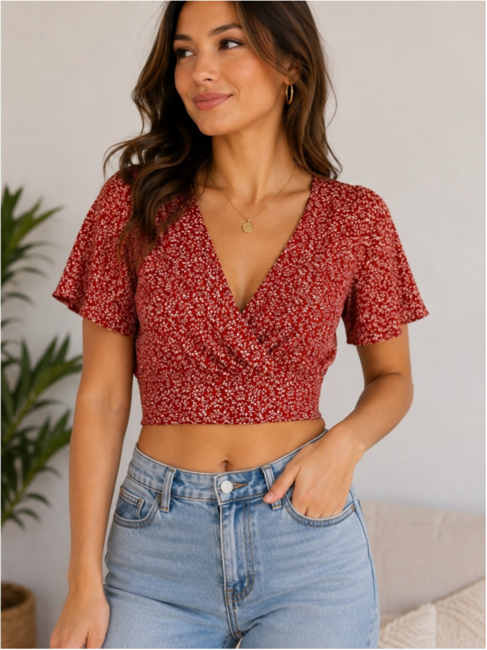 SHEIN Red Floral Wrap V-Neck Crop Top Size XS Boho Cottagecore Festival